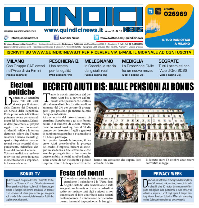Quindici News Prima pagina Numero 16 20 settembre 2022 Prima pagina