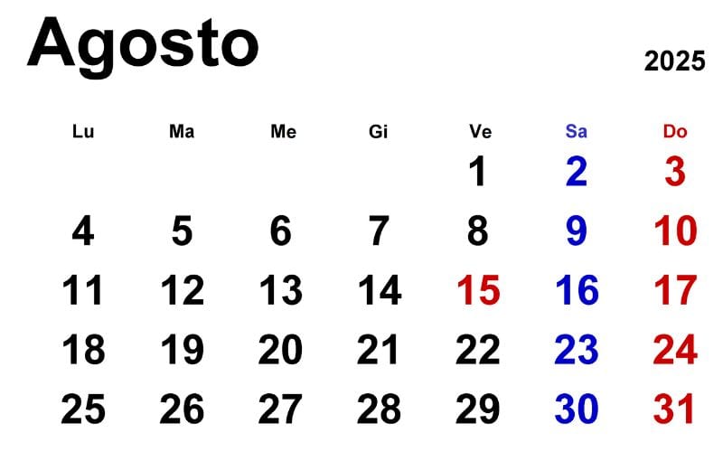 calendario agosto 2025
