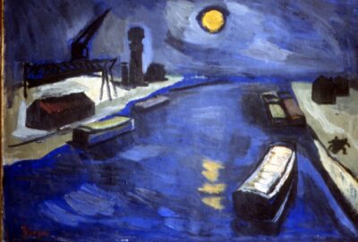 Giuseppe Flangini Notturno su La Sambre 1960 olio su tela 50x70 cm